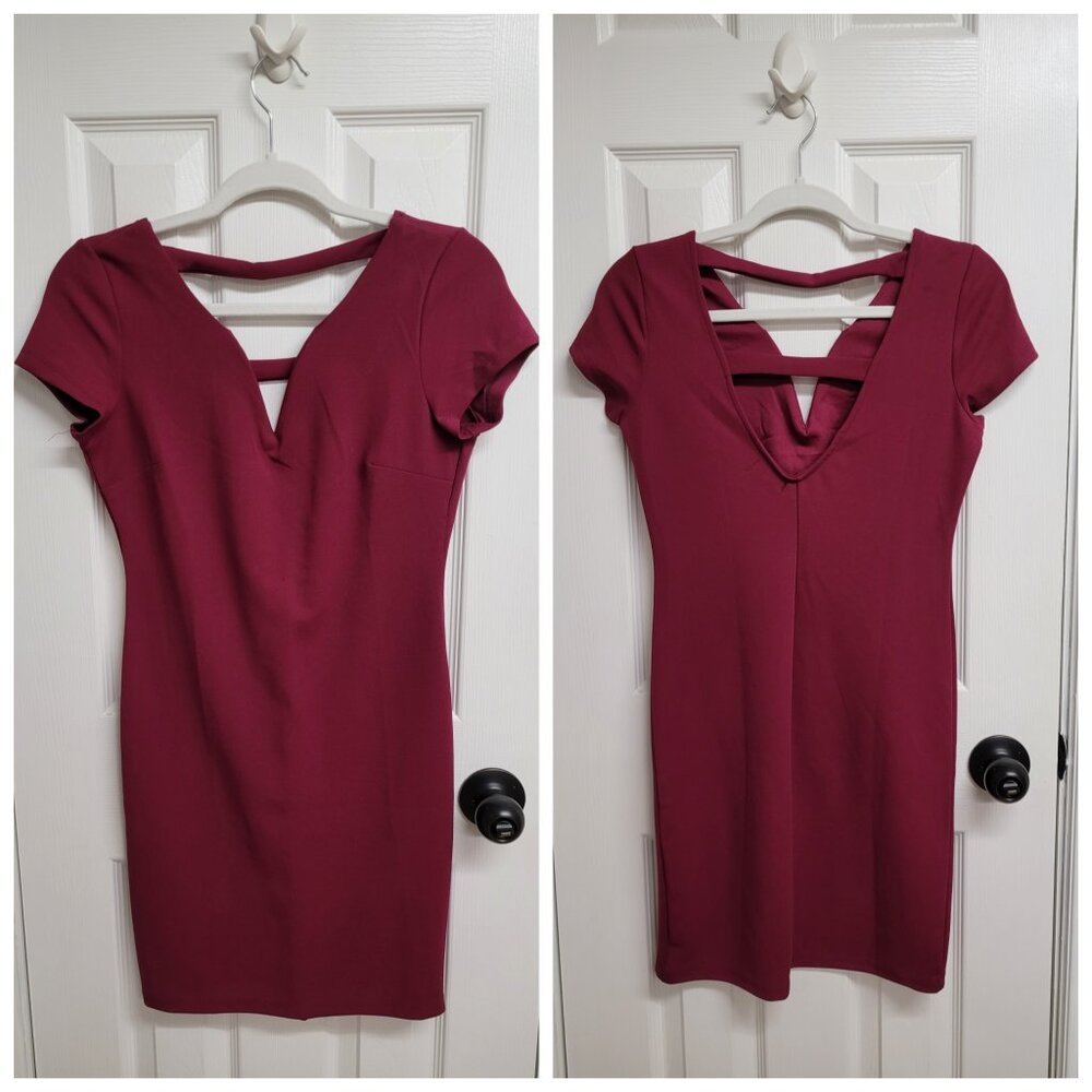 Burgundy deep v neck cocktail dress, small